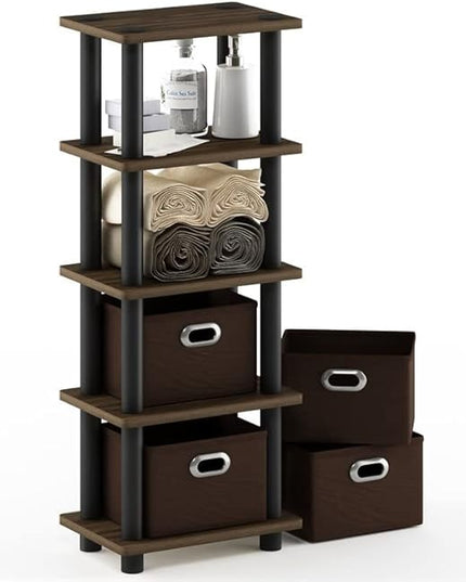 FURINNO Turn-N-Tube 4-Bins System Rack, Columbia Walnut/Black/Dark Brown - LeafyLoom