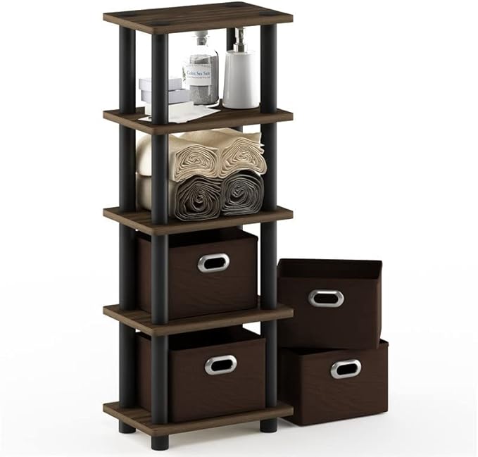 FURINNO Turn-N-Tube 4-Bins System Rack, Columbia Walnut/Black/Dark Brown - LeafyLoom