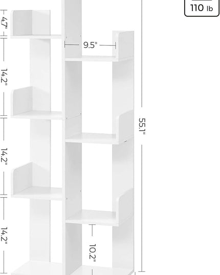 VASAGLE Bookcase, Tree-Shaped Bookshelf with 8 Storage Shelves, Rounded Corners, White 9.8D x 19.7W x 55.1H in, Engineered Wood - LeafyLoom