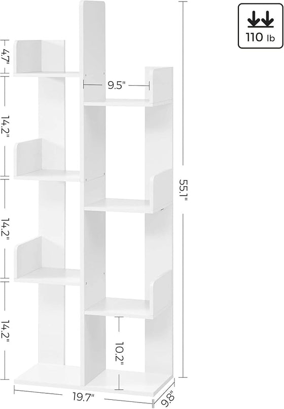 VASAGLE Bookcase, Tree-Shaped Bookshelf with 8 Storage Shelves, Rounded Corners, White 9.8D x 19.7W x 55.1H in, Engineered Wood - LeafyLoom
