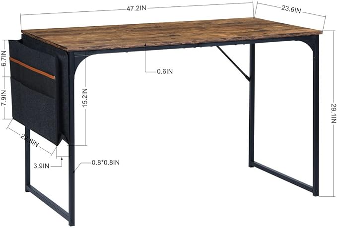 47 inch Study Storage Bag Space Saving for Home Office, Modern Simple Style PC, Black Metal Frame Computer Desk, Writing Table, Brown - LeafyLoom
