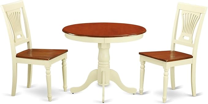 East West Furniture Antique 3 Piece Set Contains a Round Dining Room Table with Pedestal and 2 Wood Seat Chairs, 36x36 Inch, Buttermilk & Cherry - LeafyLoom