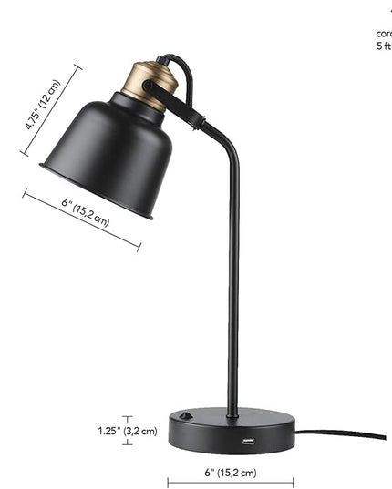Globe Electric 30297 18" Desk Lamp with 2.1 USB Port, Matte Black, Brass Accents, Push Button On/Off Switch, Home Décor, Desk Lamps for Home Office, Home Office Accessories, Home Improvement - LeafyLoom