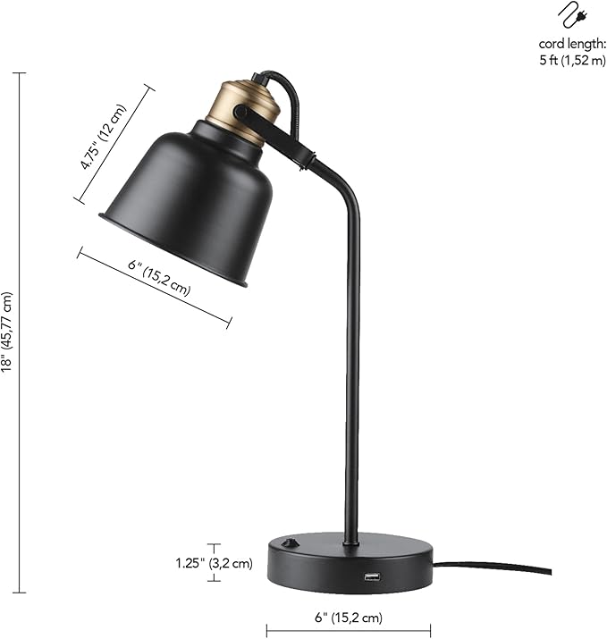 Globe Electric 30297 18" Desk Lamp with 2.1 USB Port, Matte Black, Brass Accents, Push Button On/Off Switch, Home Décor, Desk Lamps for Home Office, Home Office Accessories, Home Improvement - LeafyLoom