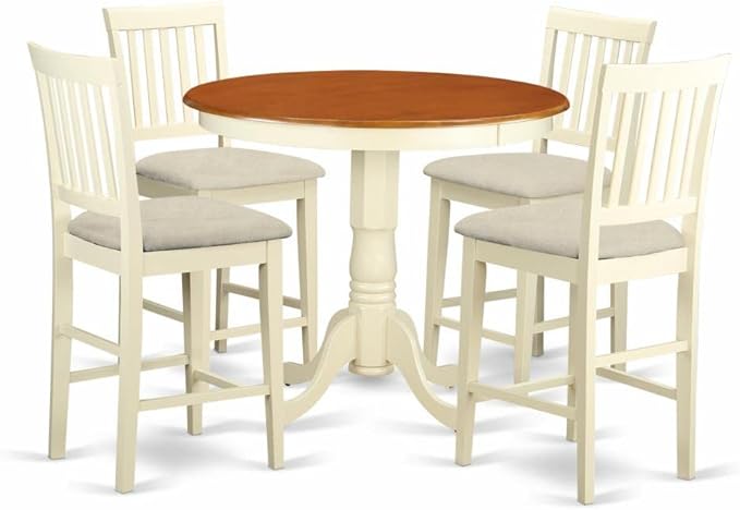 East West Furniture JAVN5-WHI-C 5 Piece Counter Height Dining Table Set Includes a Round Wooden Table with Pedestal and 4 Linen Fabric Kitchen Dining Chairs, 36x36 Inch, Buttermilk & Cherry - LeafyLoom
