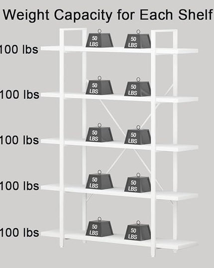 HSH 5 Tier Tall White Bookshelf, Metal and Wood Storage Book Shelves for Bedroom Living Room Office, Modern Large White Bookcases and Bookshelves 5 Shelf, Farmhouse Open Vertical Display Book Shelf - LeafyLoom