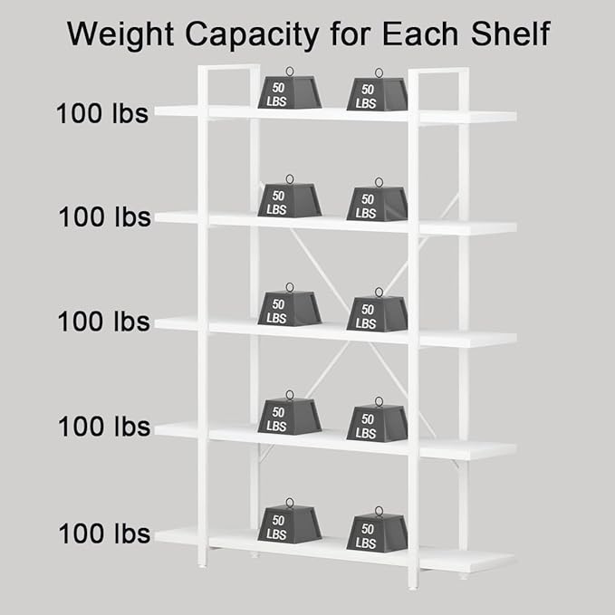HSH 5 Tier Tall White Bookshelf, Metal and Wood Storage Book Shelves for Bedroom Living Room Office, Modern Large White Bookcases and Bookshelves 5 Shelf, Farmhouse Open Vertical Display Book Shelf - LeafyLoom