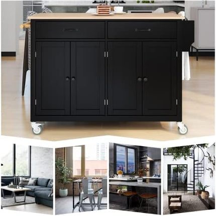 Elefesign FridayParts Kitchen Island Cart with Solid Wood Top and Locking Wheels, 54.3 Inch Width, 4 Door Cabinet and Two Drawers, Spice Rack, Towel Rack, Black - LeafyLoom