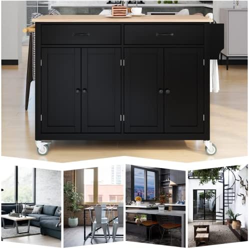 Elefesign FridayParts Kitchen Island Cart with Solid Wood Top and Locking Wheels, 54.3 Inch Width, 4 Door Cabinet and Two Drawers, Spice Rack, Towel Rack, Black - LeafyLoom