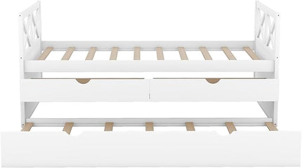 Twin Daybed with Storage Drawers and Trundle Bed, Wood Twin Size Captain’s Bed Frame for Bedroom Living Room Guest Room, White - LeafyLoom