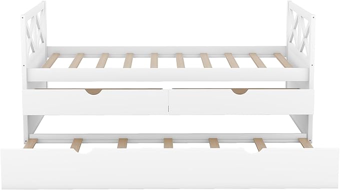 Twin Daybed with Storage Drawers and Trundle Bed, Wood Twin Size Captain’s Bed Frame for Bedroom Living Room Guest Room, White - LeafyLoom