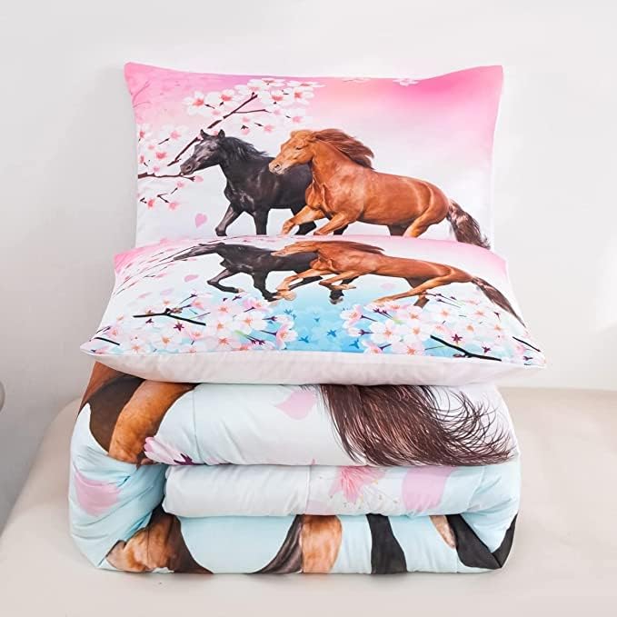Feelyou Kids Horse Comforter Set for Girls King Size Chic Cherry Blossom Bedding Set for Horse Lover Gift Galloping Horse Printed Comforter 3D Wild Animal Duvet Set Bedroom Decor Quilt Set 3Pcs - LeafyLoom