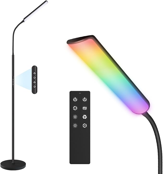 Dimunt LED Floor Lamp, 15W Super Bright RGB Corner Lamp, 3000K-6500K 4 Color Temps Dimmable Floor Lamp, Remote & Touch Control, 1 Hour Timer, Adjustable Gooseneck Standing Lamp for Living Room Home - LeafyLoom
