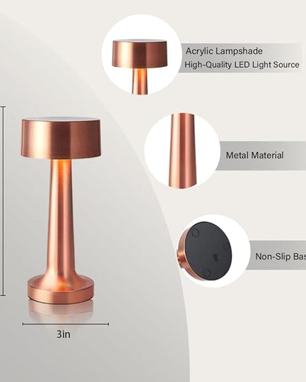 Portable LED Table Lamp, 3-Levels Brightness Metal Desk Lamp, 3 Color Touch Control Rechargeable Lamp, Night Light, Bedside Lamp,Dining Room Lamp,Gifts for Friends (Rose Gold) - LeafyLoom