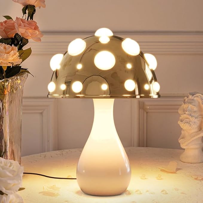 Juodke Omushroom Desk Lamp, LED 3 Colors Dimmable Mushroom Cloud Decor Lamp, Aesthetic Room Decor Ambient Glowshroom Lamp, for Bedroom, Living Room, Office (Bulb Included) (Gold) - LeafyLoom