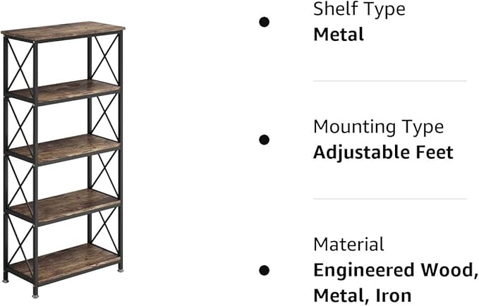 4NM Bookshelf 5 Tier Industrial Bookcase Home Office Adjustable Bookshelves Storage Shelves Organizer Vintage Book Shelf Display Rack for Living Room, Bedroom,Home (Rustic Brown and Black) - LeafyLoom