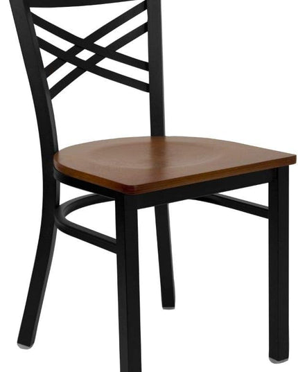Flash Furniture HERCULES Series Black ''X'' Back Metal Restaurant Chair - Cherry Wood Seat - LeafyLoom