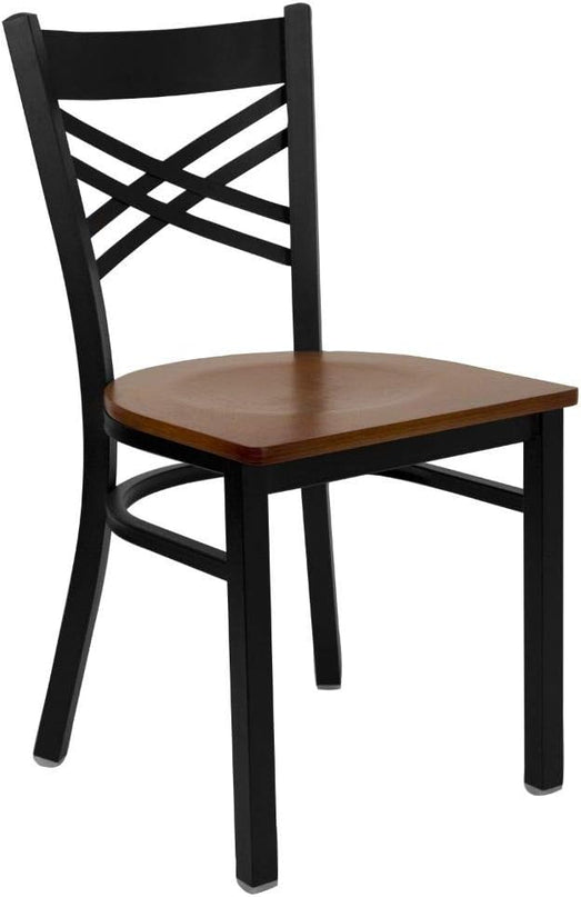 Flash Furniture HERCULES Series Black ''X'' Back Metal Restaurant Chair - Cherry Wood Seat - LeafyLoom