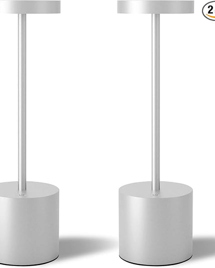 Cordless Table Lamps Set of 2, 5000mAh Rechargeable Battery Powered Lamp, 3 Color Stepless Dimmable LED Table Lamp, Portable Table Light for Outdoor/Indoor/Restaurant/Home. (Silver) - LeafyLoom
