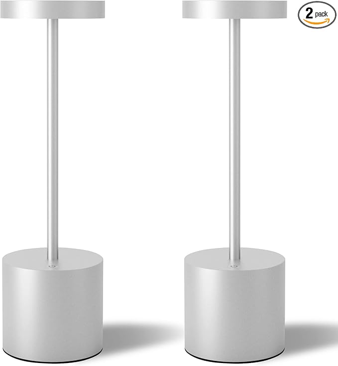 Cordless Table Lamps Set of 2, 5000mAh Rechargeable Battery Powered Lamp, 3 Color Stepless Dimmable LED Table Lamp, Portable Table Light for Outdoor/Indoor/Restaurant/Home. (Silver) - LeafyLoom