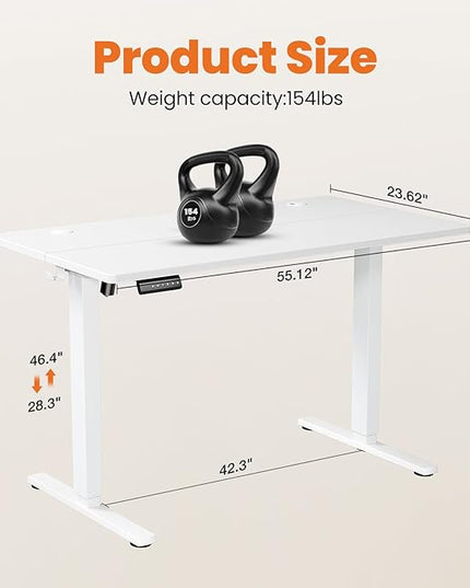 Sweetcrispy Standing Desk -55 in Electric Standing Desk, Height Adjustable Stand Up Desk for Home Office, Sit Stand Desk Stable Computer Rising Desk with Spliced Board, 2 Storage Hooks, White - LeafyLoom