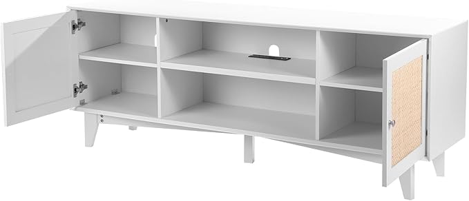 VEVOR Rattan TV Stand for 75in TV, Boho TV Stand with Rattan Door, Entertainment Center with Build-in Socket, Storage Cabinet with 2 Shelves, Modern TV Console for Living Room, Media Room, White - LeafyLoom