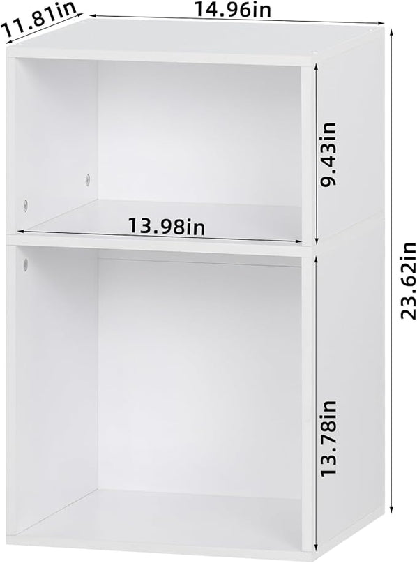 YAHARBO 2 Cube Bookshelf, White Record Player Stand with Vinyl Storage Up to 100 Albums, Horizontal Low Book Shelf, Mini Bookcase with Storage Organizer, Small Turntable Stand for Living Room, Bedroom - LeafyLoom