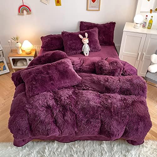 Faux Fur Kids Girls Grape Purple Comforter Sets Twin/Full - 3PC Bed Set Warm Comfortable Soft Plush Flannel Velvet Fluffy Fuzzy Bedding（Comforter x 1 Pillowcases x 2） - LeafyLoom