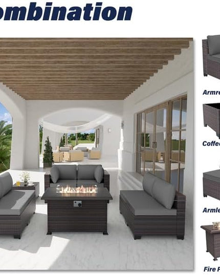 Patio Furniture Set with Fire Pit Table 8 Pieces Outdoor Sectional Furniture Outdoor Rattan Patio Conversation Sets with 43in 55,000 BTU Propane Gas Fire Pit Table Glass Table, Grey - LeafyLoom
