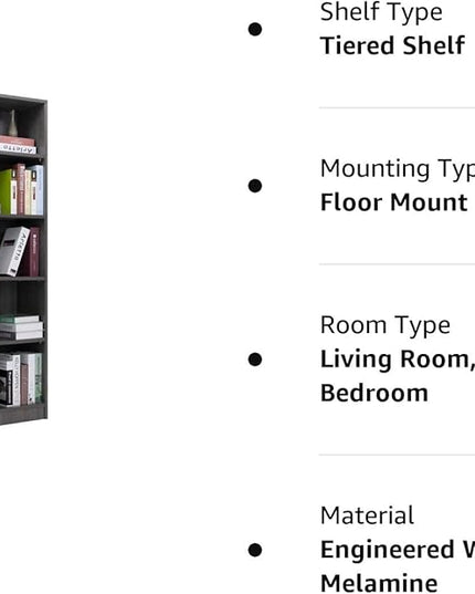 5 Shelf Wood Bookcase Freestanding Display Shelf Adjustable Layers Bookshelf for Home Office Library Small Narrow Space (Grey, 5-Layers,24.4W x 11.6D x 68.9H inch) - LeafyLoom