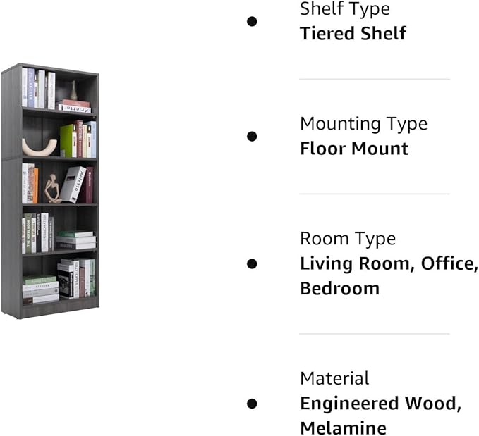5 Shelf Wood Bookcase Freestanding Display Shelf Adjustable Layers Bookshelf for Home Office Library Small Narrow Space (Grey, 5-Layers,24.4W x 11.6D x 68.9H inch) - LeafyLoom