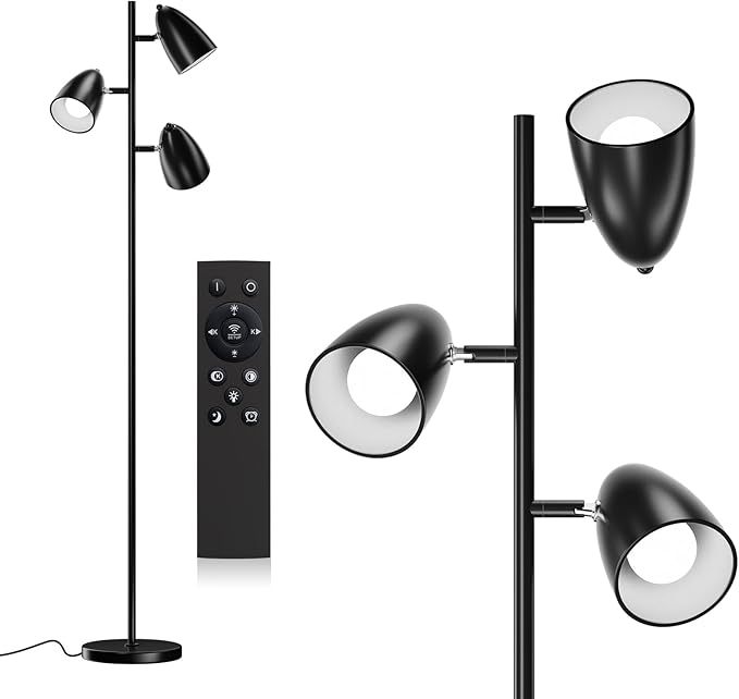 addlon Tree Floor Lamp with remote, 3 Adjustable Rotating Light and Matching LED Bulbs, Standing Tall Pole Lamps for Living Room, Bedroom, Home, Office - Black - LeafyLoom