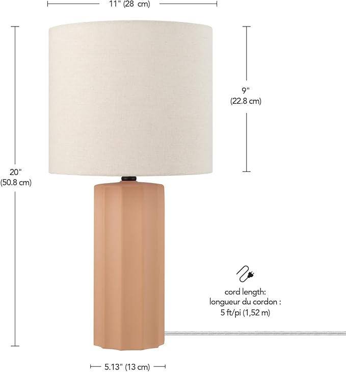 Globe Electric 61000062 20" Ribbed Ceramic Table Lamp, Matte Terracotta Finish, White Linen Shade, On/Off Rotary Switch on Socket, for Living Room, Bedroom, Office, Home Décor - LeafyLoom