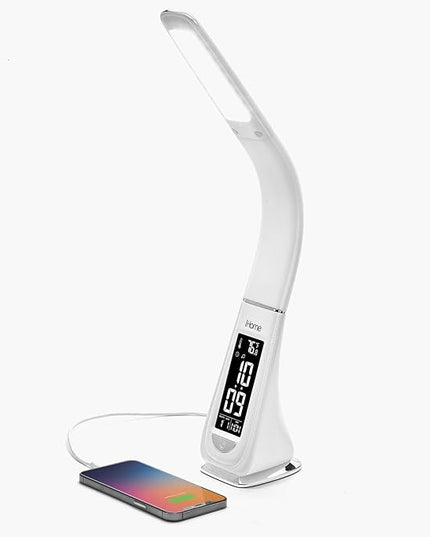 iHome Desk Lamp for Bedroom, Reading Light with Alarm Clock and USB Charging – White (IL100W) - LeafyLoom