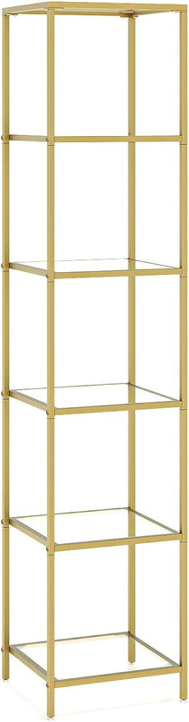 6-Tier Bookshelf,Metal Bookcase,Tempered Glass Shelves,Storage Rack Shelf for Home Office,Living Room,Bedroom, Bathroom,Modern Style,Golden - LeafyLoom