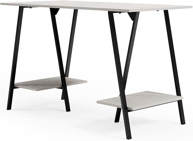 Signature Design by Ashley Bayflynn Modern Home Office Desk or Drafting Table with Sawhorse Legs, White & Black - LeafyLoom