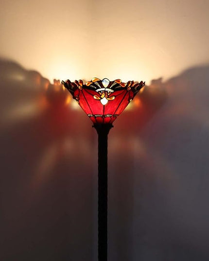 Bieye L10682 Baroque 67 inch Tiffany Style Stained Glass Torchiere Floor Lamp with 13 Inch Wide Handmade Lampshade, Metal Base with Dark Brown Baking Finish, Red - LeafyLoom