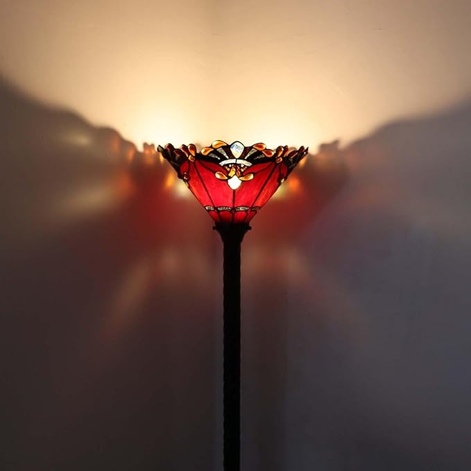 Bieye L10682 Baroque 67 inch Tiffany Style Stained Glass Torchiere Floor Lamp with 13 Inch Wide Handmade Lampshade, Metal Base with Dark Brown Baking Finish, Red - LeafyLoom