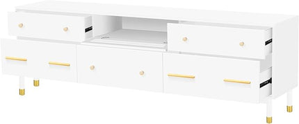 Modern Stand 75+ Inch, Entertainment Center Televisions Media Table with Open Shelf, 5 Drawers with Large Storage Space, TV Consoles Cabinet Furniture for Living Room, White - LeafyLoom