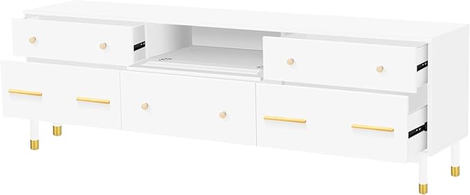 Modern Stand 75+ Inch, Entertainment Center Televisions Media Table with Open Shelf, 5 Drawers with Large Storage Space, TV Consoles Cabinet Furniture for Living Room, White - LeafyLoom