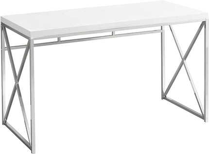Monarch Specialties 7205 Computer Desk, Home Office, Laptop, Work, Laminate, Contemporary, Modern Desk-48 L Glossy White Chrome Metal, 47.25" L x 23.75" W x 29.75" H - LeafyLoom