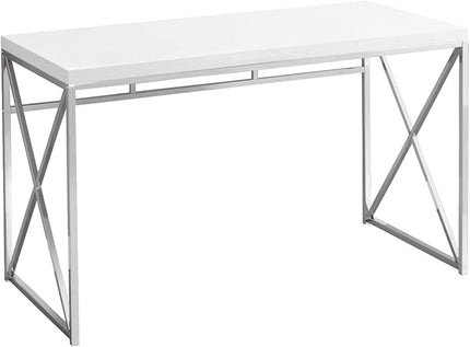 Monarch Specialties 7205 Computer Desk, Home Office, Laptop, Work, Laminate, Contemporary, Modern Desk-48 L Glossy White Chrome Metal, 47.25" L x 23.75" W x 29.75" H - LeafyLoom