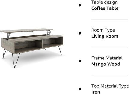 SIMPLIHOME Hunter SOLID MANGO WOOD and Metal 48 Inch Wide Rectangle Industrial Lift Top Coffee Table in Grey, For the Living Room and Family Room - LeafyLoom