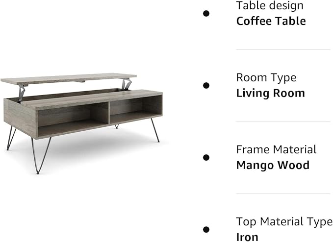SIMPLIHOME Hunter SOLID MANGO WOOD and Metal 48 Inch Wide Rectangle Industrial Lift Top Coffee Table in Grey, For the Living Room and Family Room - LeafyLoom