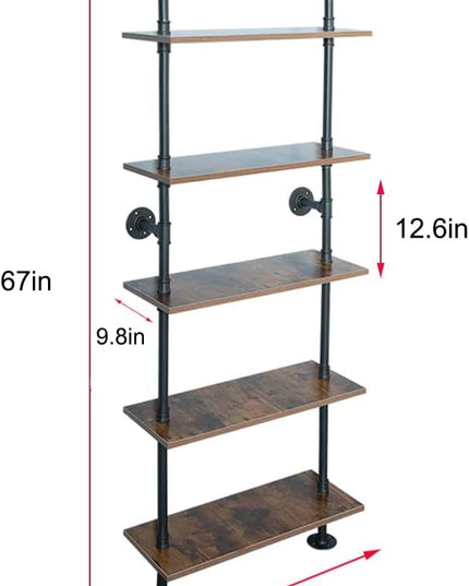 5 Shelf Industrial Pipe Shelving, Black Modern Bookcase Bookshelf, Wall Mount Ladder Shelf with Metal Frame Display Selves - LeafyLoom