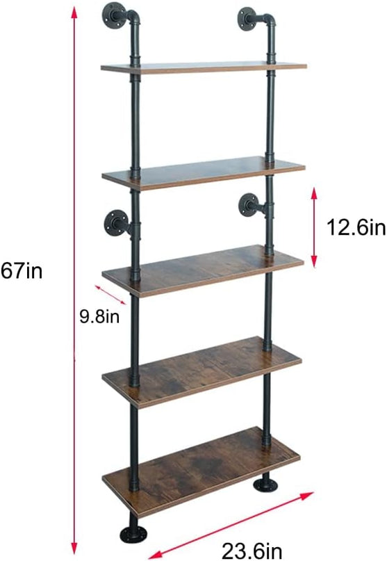 5 Shelf Industrial Pipe Shelving, Black Modern Bookcase Bookshelf, Wall Mount Ladder Shelf with Metal Frame Display Selves - LeafyLoom