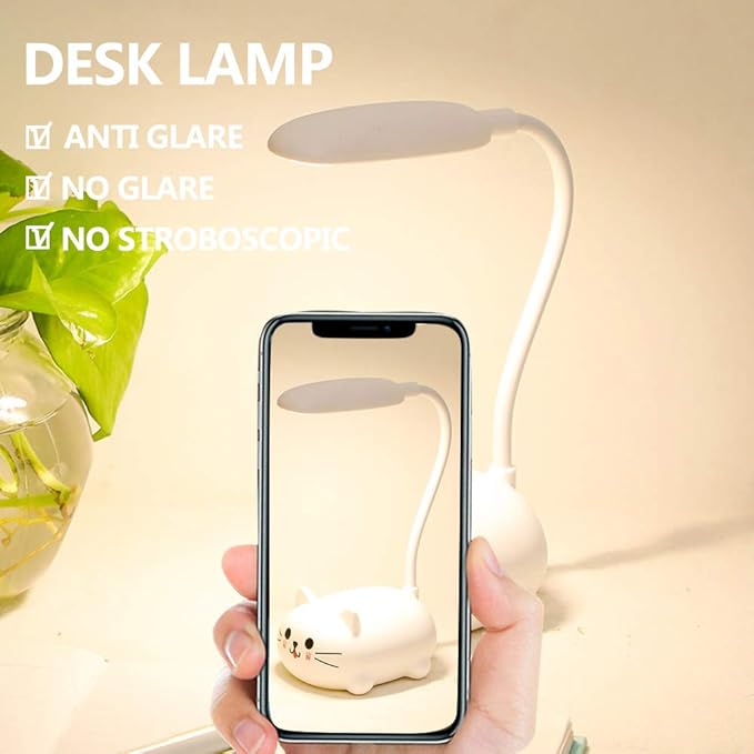 Kids Lamp, LED Desk Lamp for Kids, Cute Cat Lamp Kawaii Desk Accessories, Flexible Gooseneck Eye-Care Cartoons Small Desk Lamp Girls Gifts (White) - LeafyLoom