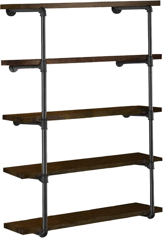 HITOMEN Industrial Iron Pipe Shelves, 2 Set 5-Tier, 56" Tall, 12" Depth, DIY Open Bookshelf Bookcase, Wall Mounted Vintage Retro Shelving, Rustic Farmhouse Pantry Kitchen Storage, Black Shelf Brackets - LeafyLoom