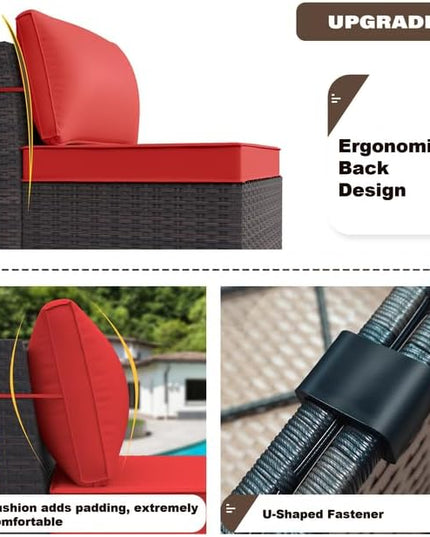 Patio Furniture Set Sofa 12-Pieces Wicker Sectional Sofa Set, Outdoor Furniture Rattan Patio Conversation Set with Thickened Cushions and Glass Coffee Tables, Red - LeafyLoom