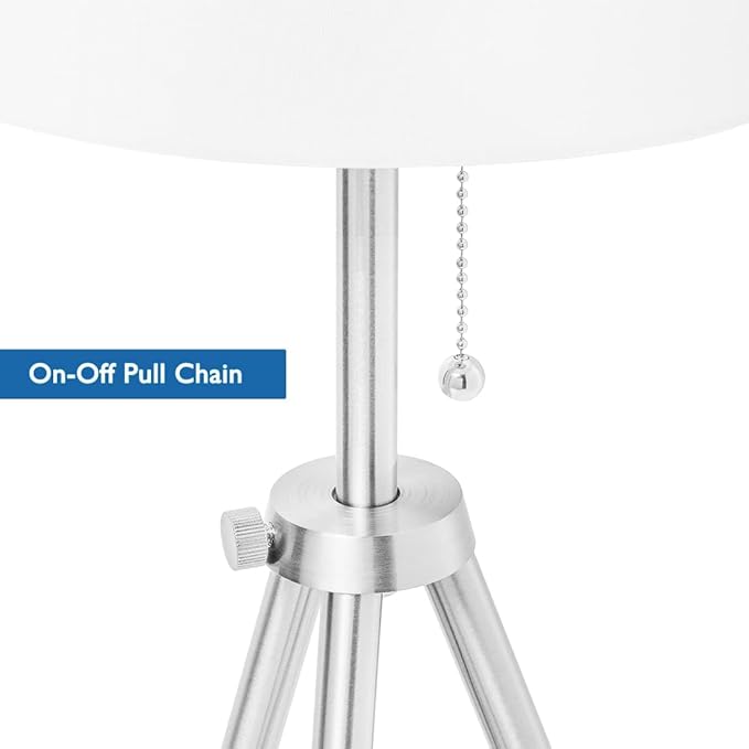 O’Bright Tripod Floor Lamp, Adjustable in Height, 100% Metal Body with Linen Drum Shade, E26 Socket, Bedside Lamp, Standing Light for Living Room, Bedroom, Office, Brushed Nickel - LeafyLoom
